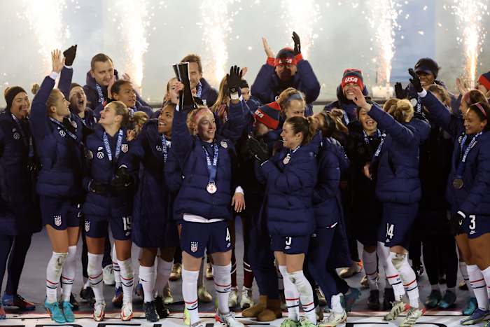Team USA players celebrate after defeating Iceland in the 2022 She Believes Cup